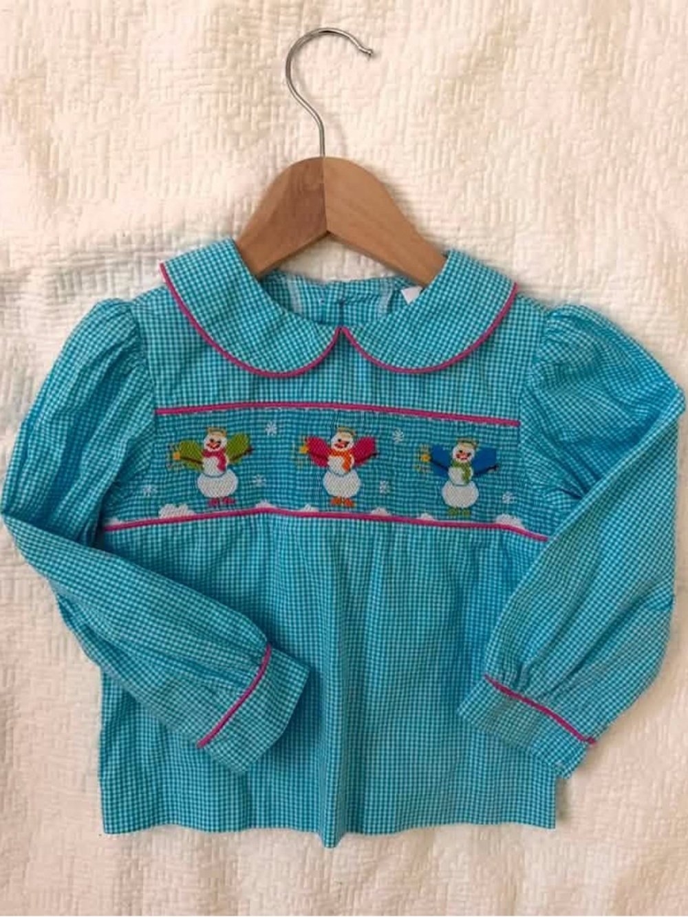 Beaux et Belles-Girls' Turquoise Gingham Smocked Snowman Long-Sleeve Blouse